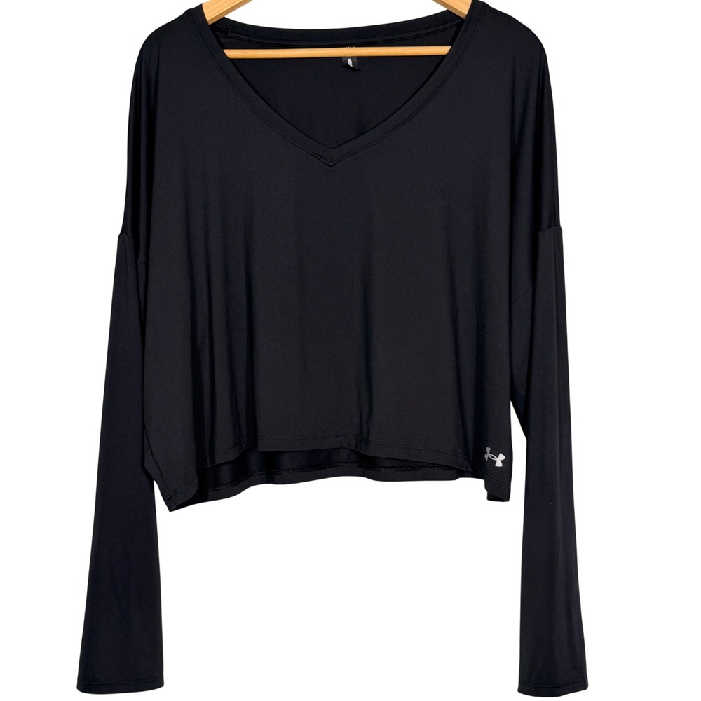 Under Armour Womens XL Black V-Neck Long Sleeve Cropped Activewear Top 619